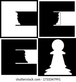 Letter e chess design. Black and white exclusive bold text. Chess pawn piece. Can be used for logo, prints, clubs, schools.