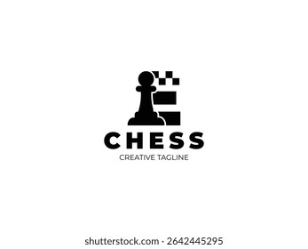 Letter E chess logo design with pawn and chess board