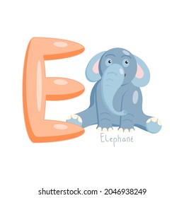 Letter E. Children's Alphabet, Cute Elephant. Vector Illustration For Learning English