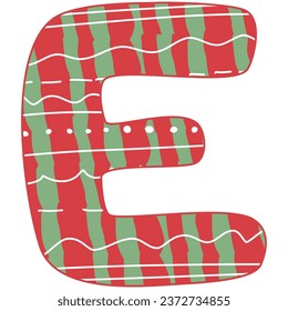 the letter E, Christmas alphabet, red and green color with white line and dot, hand drawn, isolate on white background, letters xmas illustration