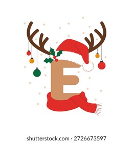 letra E monograma de natal, coroa de chifre, boné de santa, cachecol vermelho, braçadeiras penduradas, dispersão de neve, acento holly, gráfico vetorial
