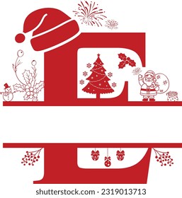 Letter E, E Christmas Monogram, Letter E Silhouette with Christmas symbols, Christmas logo, Christmas Design for Print, Screen Print T-Shirt