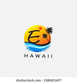 Letter E - Circle Hawaii Palm Beach Logo icon.  Nature logo design concept sunset, palm tree and  sea wave on circle for initial letter E, surfing shop, sport, Tour and Travel.