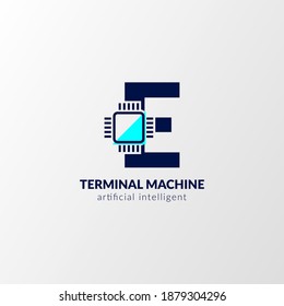 logotipo del circuito de la letra E. máquina terminal para tecnología, gadget, inteligente artificial