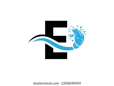 Concepto de diseño del logotipo del servicio de limpieza de letras E con plantilla de símbolo de pincel limpio.