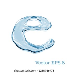 Letter e from clear transparent bluish water droplets. Isolated on white background. Vector EPS 8.
