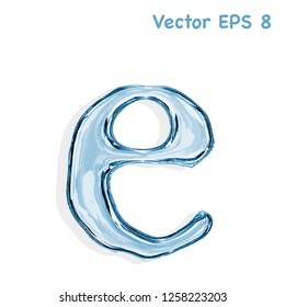 Letter e from clear transparent bluish water droplets. Vector EPS 8.