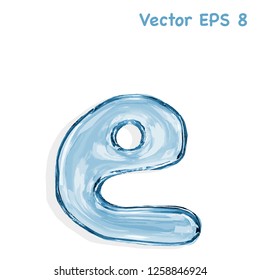 Letter e from clear transparent bluish water droplets. Vector EPS 8.