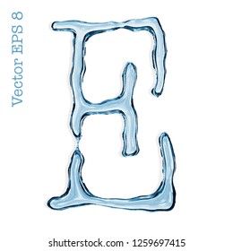 Letter E from clear transparent bluish water droplets. Vector EPS 8.
