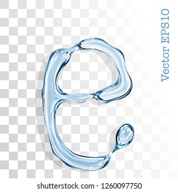 Letter e from clear transparent bluish water droplets. Vector EPS 10.