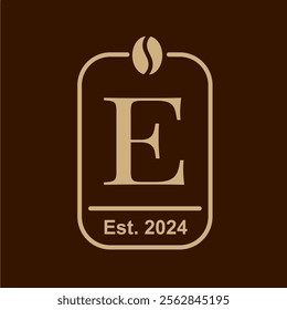 Letter E coffee bean. Premium coffee shop or cafe logo template monoline style. Logotype for coffee bussiness with coffee bean element. Modern simple logo and editable year text