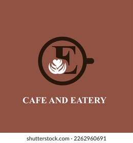 Letter E with Coffee Flower Art and Cup for Cafe, Coffee Shop, Coffee Bean Company Logo Idea Template