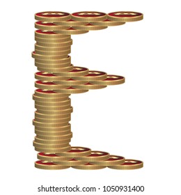 Letter E of coins. Vector font style made of enormous amount of bitcoins. Golden letters