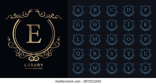 Letra E o colección alfabeto inicial con una plantilla de logotipo dorado de marco floral de lujo.