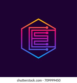 Letter E colorful, Dots logo, linear hexagon shape, Digital and Technology logotype for your Corporate identity