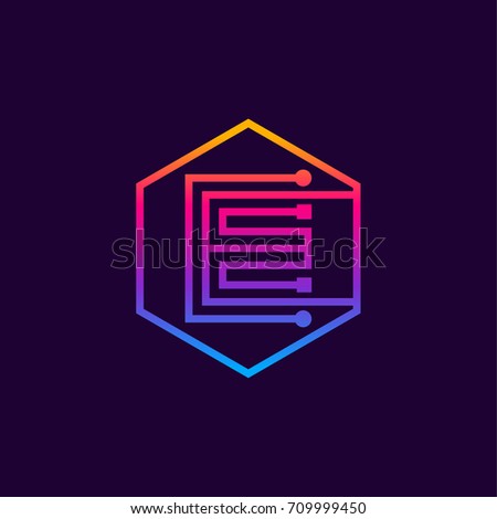 Letter E colorful, Dots logo, linear hexagon shape, Digital and Technology logotype for your Corporate identity