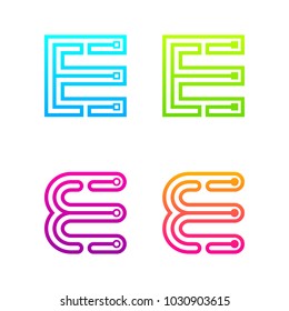 Letter E Colorful logotype with Three Line Dots Link, Square and Circle shape Maze Labyrinth, Technology and Digital Connection concept for your Corporate identity