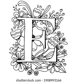 Letter E. Coloring - Anti-stress floral motifs. Alphabet symbols collection. Vector illustration. Isolated on white background