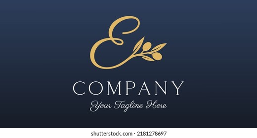 Buchstabe E kombinierte Zweig Olive Oil Logo Design Vorlage.