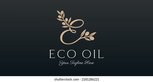 letter e combined twig Olive oil logo design template.