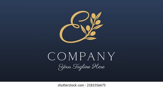 letter E combined twig Olive oil logo design template.
