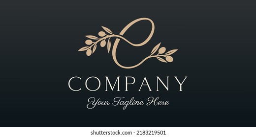 letter E combined twig Olive oil logo design template.