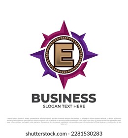 Letra E con el concepto de ilustración del logo de la brújula, estilo moderno colorido aislado en fondo blanco