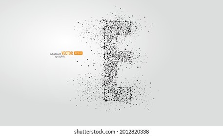 The letter E is composed of particles on gray background. Abstract vector font material.