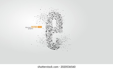 The letter e is composed of particles on gray background. Abstract vector font material.
