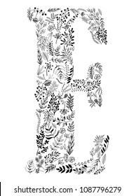 Letter 'E' created out of hand sketched vector floral lements. Poster, card and invitation designs