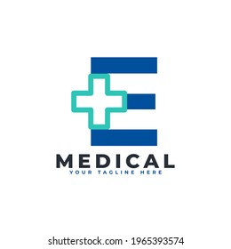 Letter E cross plus logo. Usable for Business, Science, Healthcare, Medical, Hospital and Nature Logos.