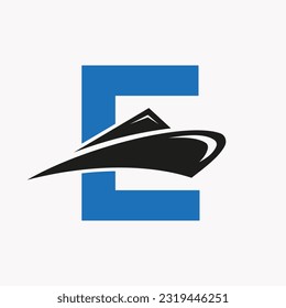 Letter E Cruise Ship Logo Boat Icon. Yacht Symbol, Marine Logotype Vector Template