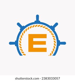 Letter E Cruise Steering Logo. Yacht Symbol, Ship Logotype, Marine Sign Template