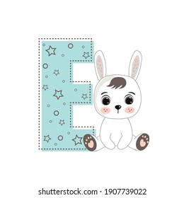 Letter E and a cute cartoon rabbit. Perfect for greeting cards, party invitations, posters, stickers, pin, scrapbooking, icons. Fashion style
