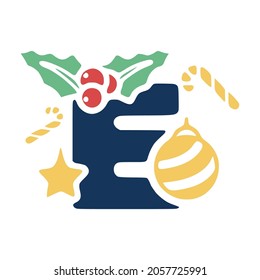 The letter e is decorated with mistletoe and Christmas elements. New Year lettering clip art.