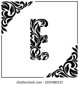 The letter E. Decorative Font with swirls and floral elements. Vintage style