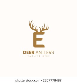 Letter E with Deer Antlers Logo Vector Image. Hunting Logo Inspirations