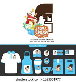 Letter E Delicious Chocolate Ice Cream Cup Logo on White Background for Ice Cream Shop with Brand Identity Include Shirt. Apron. Hat. Cup. Pin. Glass. Business Card. Paper Bag