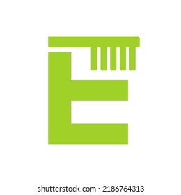 Letter E Dental Logo Concept with Tooth Brush Vector Template. Teeth, Dental Care Symbol, Medical and Medicine Sign