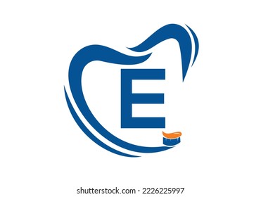 Letra E Modelo De Diseño De Logotipo Dental Inspiración Con Símbolo De Cepillo Diente , Ilustración Vector