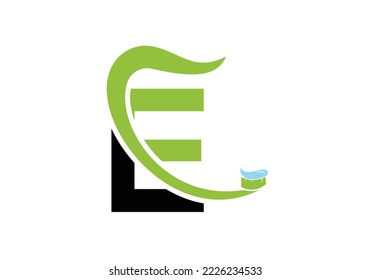 Plantilla De Diseño De Logotipo Dental Carta E Inspiración Con Símbolo De Cepillo Diente, Ilustración Vectorial.