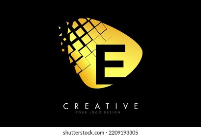 Letra E Diseño con vectores de bloques rotos dorados. Ilustración. Pixel del logotipo de la letra E. 
