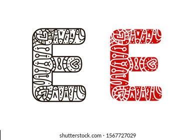 Letter E with doodle patterns in hand drawing style isolated on white background. Coloring and illustration vector in lines. For inscriptions, naming, alphabet for children, initials.