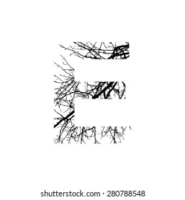 Letter E double exposure with black tree isolated on white background.Vector  illustration.Black and white double exposure silhouette numbers combined with photograph of nature.Letters of the alphabet