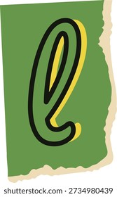 Letter E drawn in bold hand lettering on torn paper scrap with rough edge and shadow detail. Symbol of ransom note, collage, typography, and DIY craft. Cartoon vector illustration.