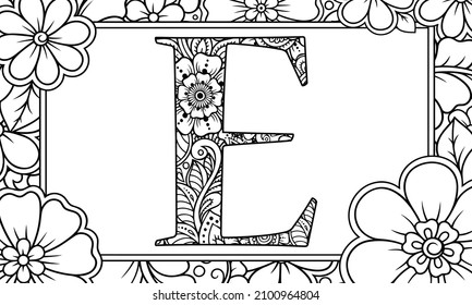 Buchstabe E. Dudling Zeichnung, Mandala. Alphabet im Stil des Dudels, Buchstaben des Alphabets. Zeichnung aus den Ästen der Blätter, Blumen.