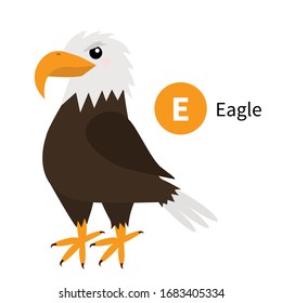 Letter E. Eagle. Zoo animal alphabet. English abc with cute cartoon kawaii funny baby bird animals. Education cards for kids. Isolated. White background. Flat design. Vector illustration