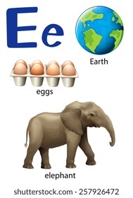 Letter E for Earth, eggs and elephant on a white background