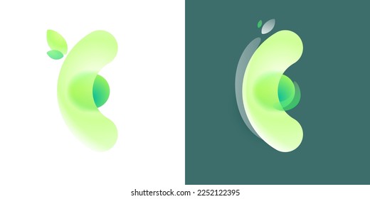 Letter E eco logo with green gradient and leaf in Glassmorphism style. Environment friendly icon made of overlapping parts. Perfect for agriculture art, waste recycling app, healthy food packaging.