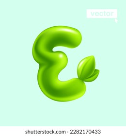 Letter E eco logo with green leaves. 3D realistic and cartoon balloon style. Glossy vector illustration. Perfect for agriculture banners, vibrant adv, waste recycling art, healthy food packaging.